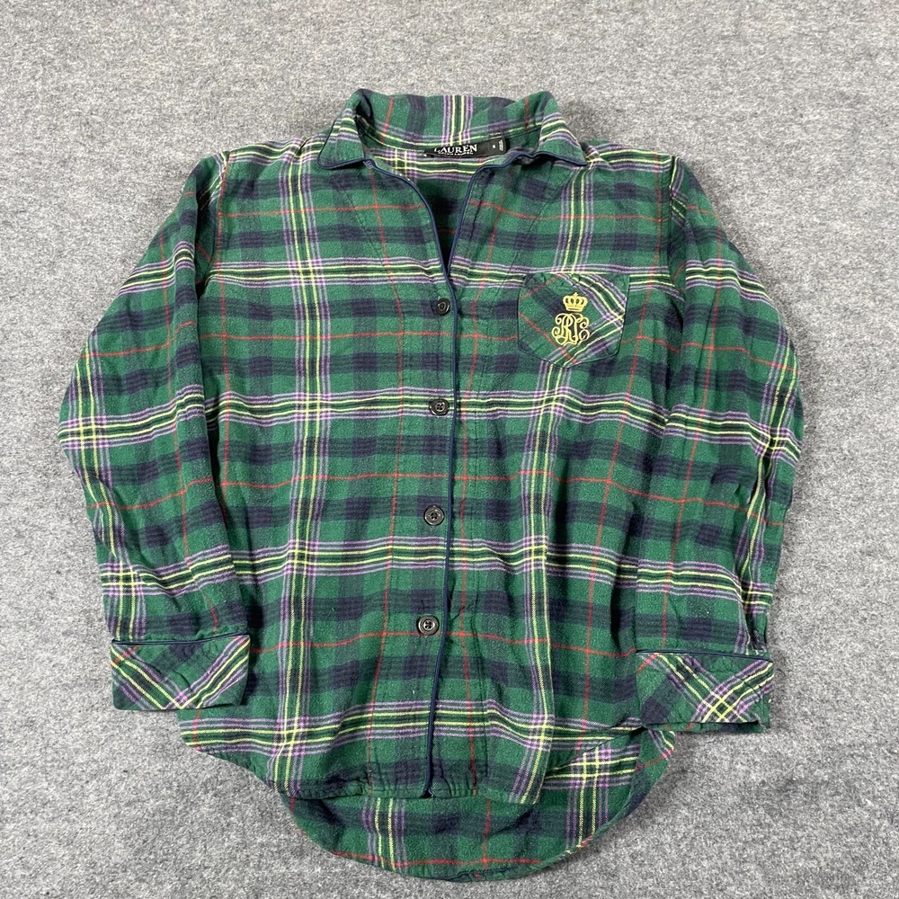LRL Ralph Lauren Top Womens S Green Plaid Flannel Button Up‎ Crest Embroidered